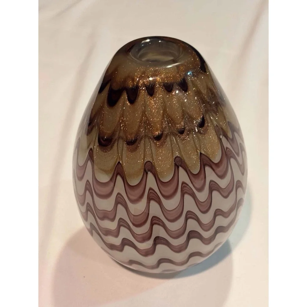 Dale Tiffany Favrile Hand Blown Art Glass Vase Brown Gold Iridescent Swirl Tag